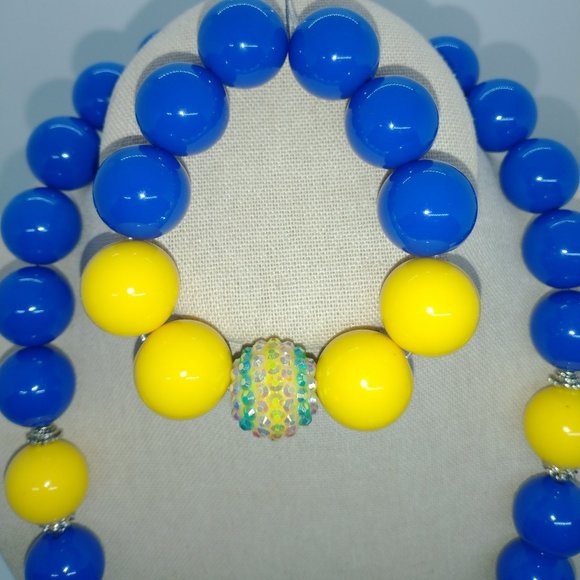 Necklace | Bracelet | Earring - Blue and Yellow Chunky Statement Set - Picture 4 of 10